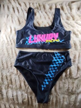 Fashion Nova Black Bikini Set with Pink & Blue Racing Graphics